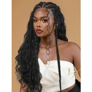 Fancy Hair 136 Lace Front Braided Wigs for Black Women 26 Inch Handmade Cornrow Curly Hair Fulani Wig with Face Framing Boho Hair Pre Plucked Glueless Lace Frontal Boho Braids Wig with Baby Hair