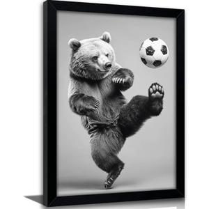 Framed Bear Playing Soccer Wall Art, Funny Animal Football Canvas Print, Solid Wood Frame Sports Poster, Whimsical Wall Decor for Man Cave Boys Bedroom Game Room Bar, 16"L x 24"W