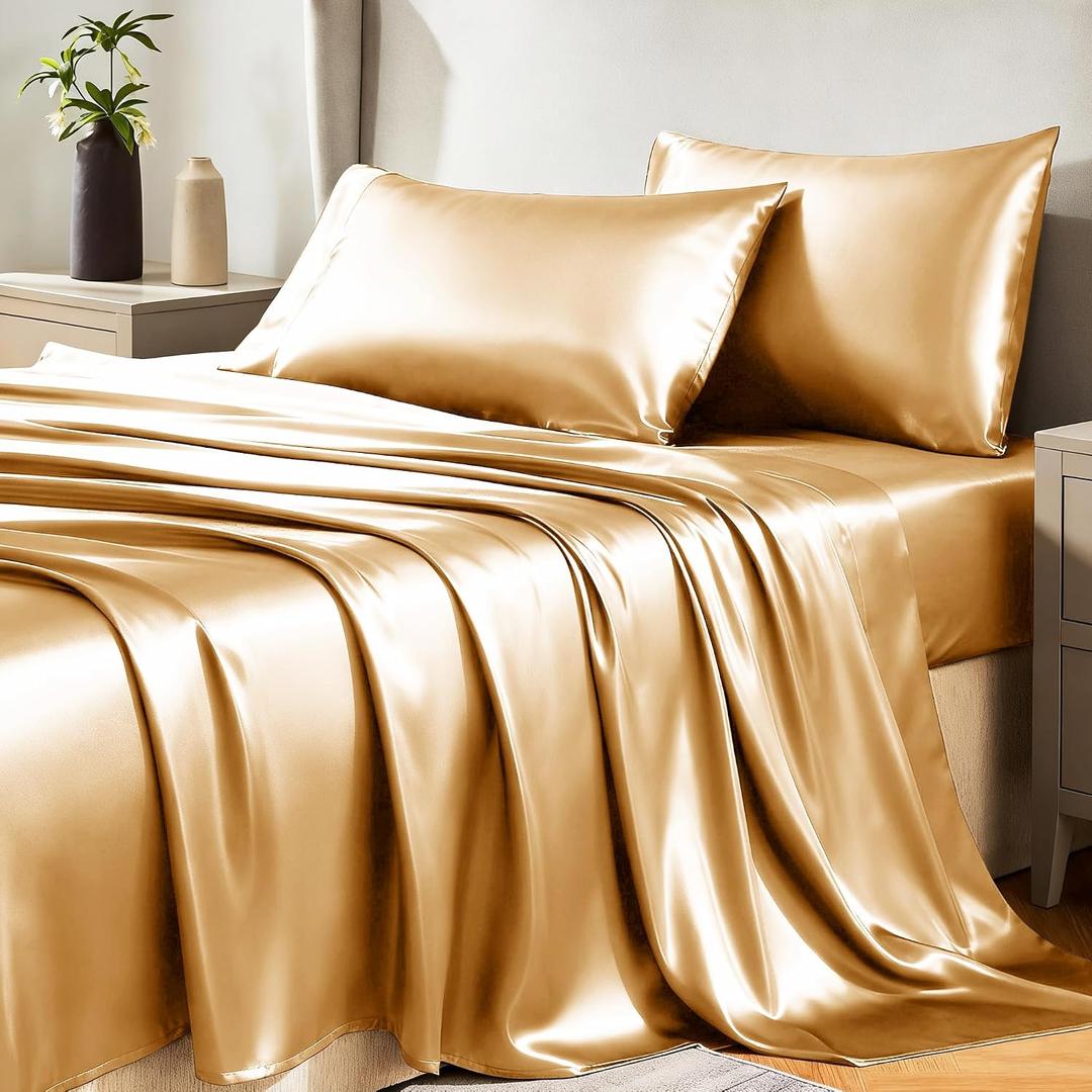 CozyLux Satin Sheets Full Size Sheets - 4 Piece Silky Full Size Bed Sheets, Luxury Gold Full Bed Set with Smooth and Soft Microfiber, Includes 1 Fitted Sheet, 1 Flat Sheet and 2 Pillowcases