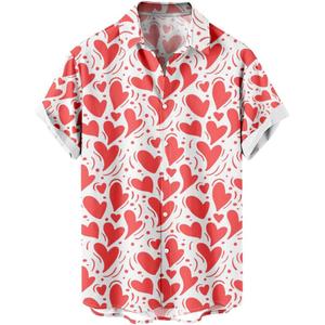 Men's Valentines Day Button Down Shirt, Heart Print Hawaiian Shirts Short Sleeve Causal Top Tropical Summer Beach (M)