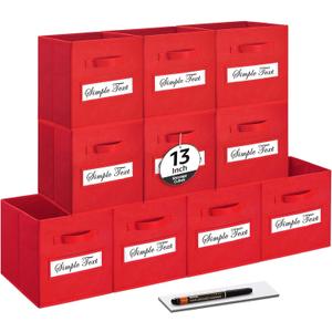 artsdi 13x13x13 storage cube bins(Set of 10) Fabric storage cubes with 10 Labels Window Cards & a Pen, storage cubes 13x13, Collapsible 13 inch cube storage bins, Cubby Organizer Boxes, Red