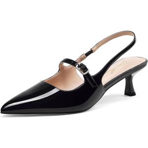 GENSHUO Women's Slingback Kitten Heels Pointed Closed Toe Low Heeled Pumps with Buckle Strap Elegant Dress Shoes for Wedding Party Prom and Work Dating (8.5, Black)
