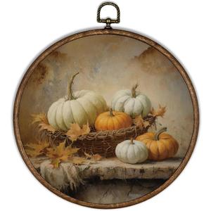 XBBMGG Vintage Fall Pumpkin Wall Art Decor, Farmhouse Autumn Round Wall Hanging Decor, Rustic Maple Leaf Thanksgiving Framed Canvas Prints for Kitchen Home Bedroom Living Room Decorations, 10x10inch