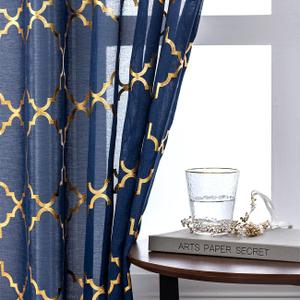 Kotile Navy Gold Sheer Curtains 96 Inch Length 2 Panels Metallic Glitter Moroccan Pattern Long Sheer Curtains for Living Room, Rod Pocket Light Filtering Elegant Window Treatment, W52 x L96 Inch (52"W x 96"L (Pack of 2))