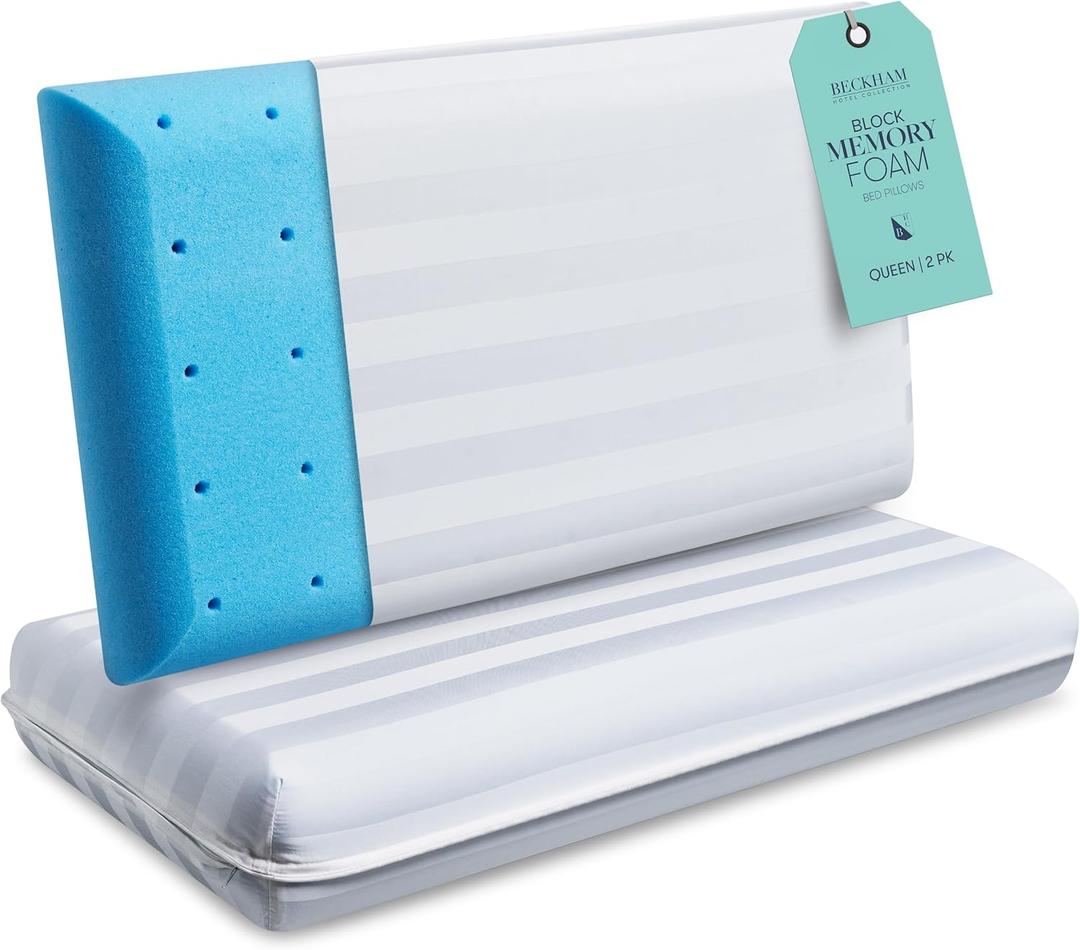 Beckham Hotel Collection Queen Size Firm Memory Foam Pillows (Set of 2) - Solid Block Design for Maximum Neck & Spine Support