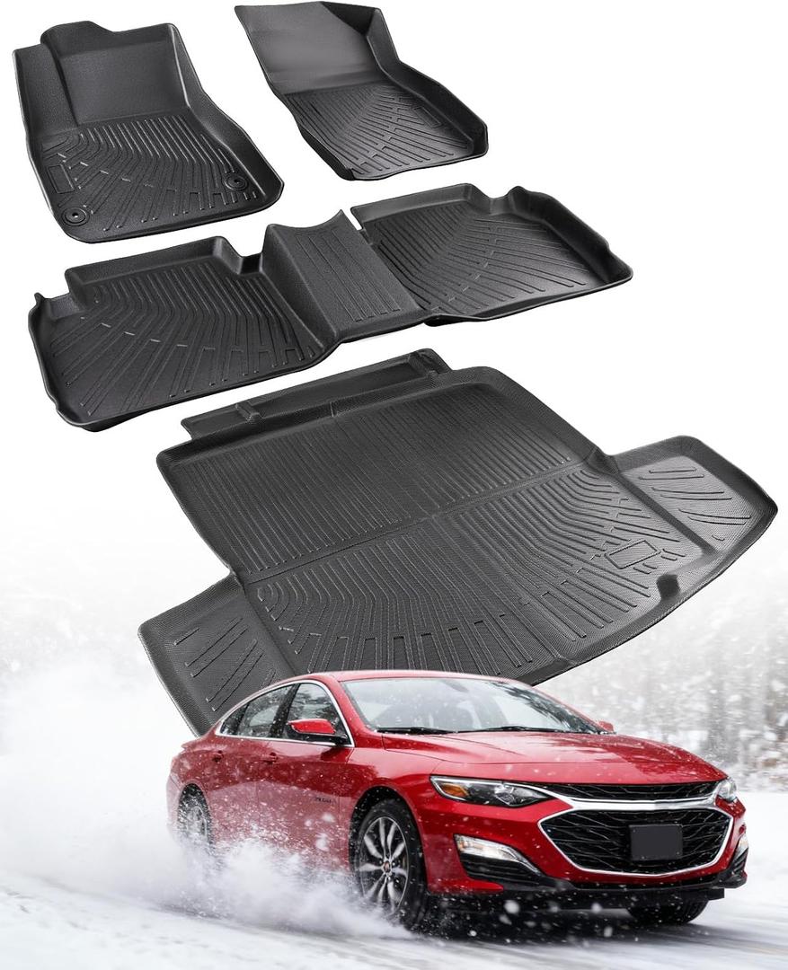 Floor Mats for Chevy Malibu: 2016 2017 2018 2019 2020 2021 2022 2023 2024 2025 All Weather TPE Black Automotive Car Accessories for Chevrolet Malibu 16-25 (Set of 4 Mats)