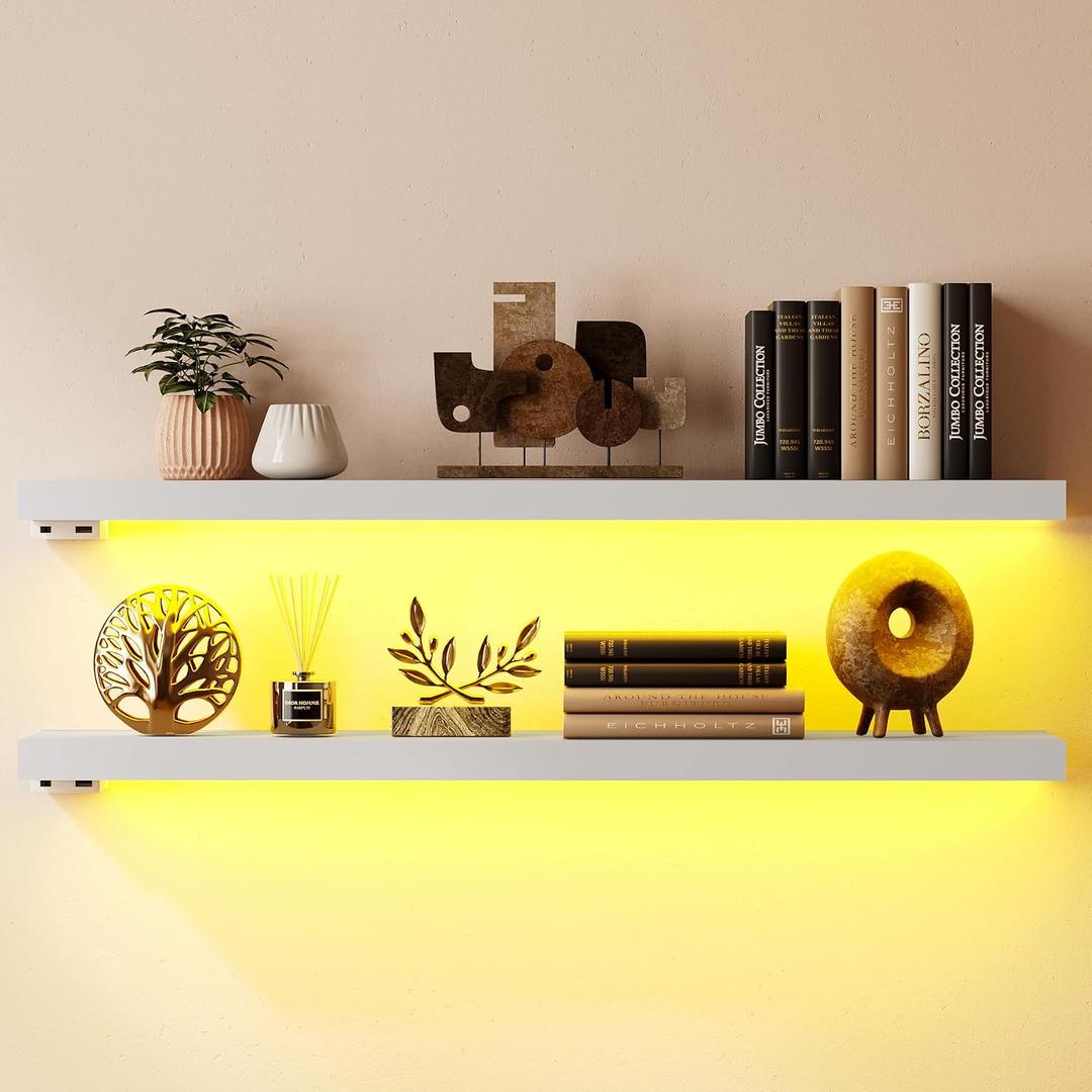 BAMEOS Floating Shelves with LED Lights, 31" White Wall Mounted Wooden Shelves with Invisible Brackets, Set of 2, Hanging Wall Shelves for Bedroom, Bathroom, Living Room and Kitchen Decoration