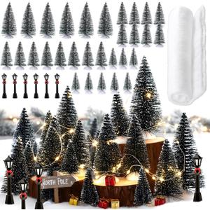 Soulchen 36 Pcs Christmas Model Trains Scenery Set Include 2.5-5.1 Inch Mixed Miniature Christmas Model Trees Mini Streetlight White Snowy Grass Mat for Xmas Train Scenery Architecture DIY Crafts