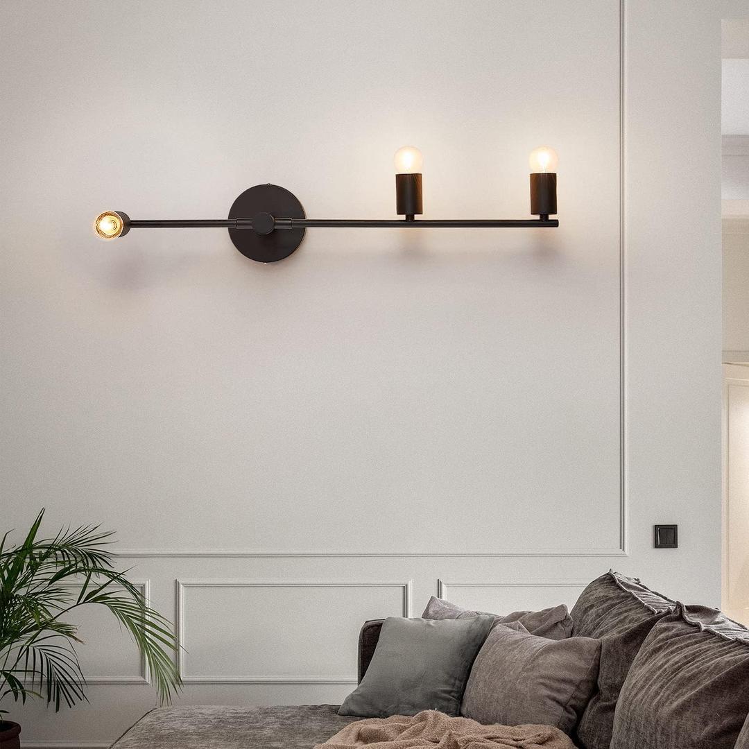 Bedroom Wall Sconces, 3 Lights Matte Black Vintage Lighting, Modern Wall Mounted Lights, Porch Hallway Wall Lamp for Living Room Bedroom Bathroom Mirror (E26 Base)