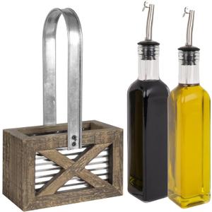 Autumn Alley Rustic Farmhouse Oil and Vinegar Dispenser Set - Oil and Vinegar Caddy Holder Set of Weathered Wood, Galvanized Metal - Adorable Rustic Kitchen Decor -250ml 8 oz