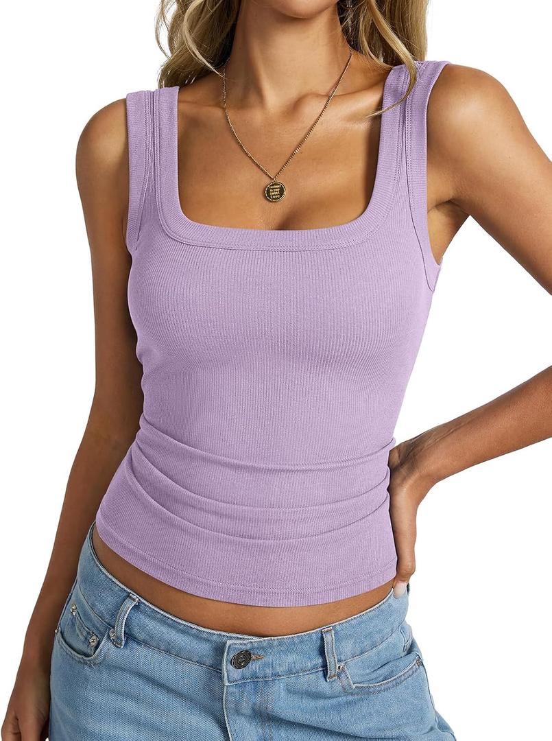 EasyGala Womens Cotton Ribbed Square Neck Tank Tops Basic Backless Camisole Sleeveless Slim Fit Wide Shoulder Strap Summer Clothes 2025 Violet, Medium