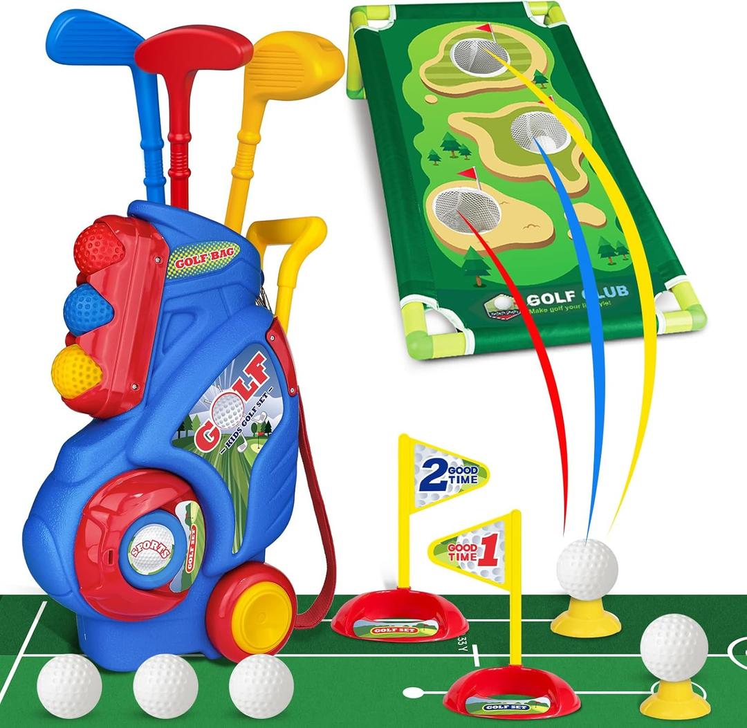 Toddler Golf Set for Boys Girls 1 2 3 4 Years Old, Upgraded Kids Golf Cart with Putting Mat & Cornhole Board, Outdoor Indoor Sports Toys, Blue