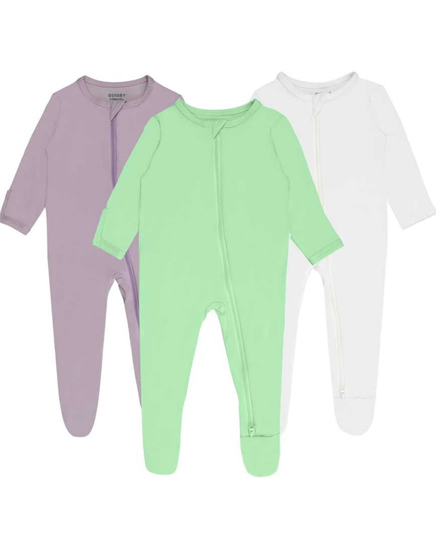GUISBY Rayon Made From Bamboo Baby Footed Pajamas with Mittens - 3Pcs Girls Boys 2 Way Zipper Long Sleeve Sleeper 12-18 Months