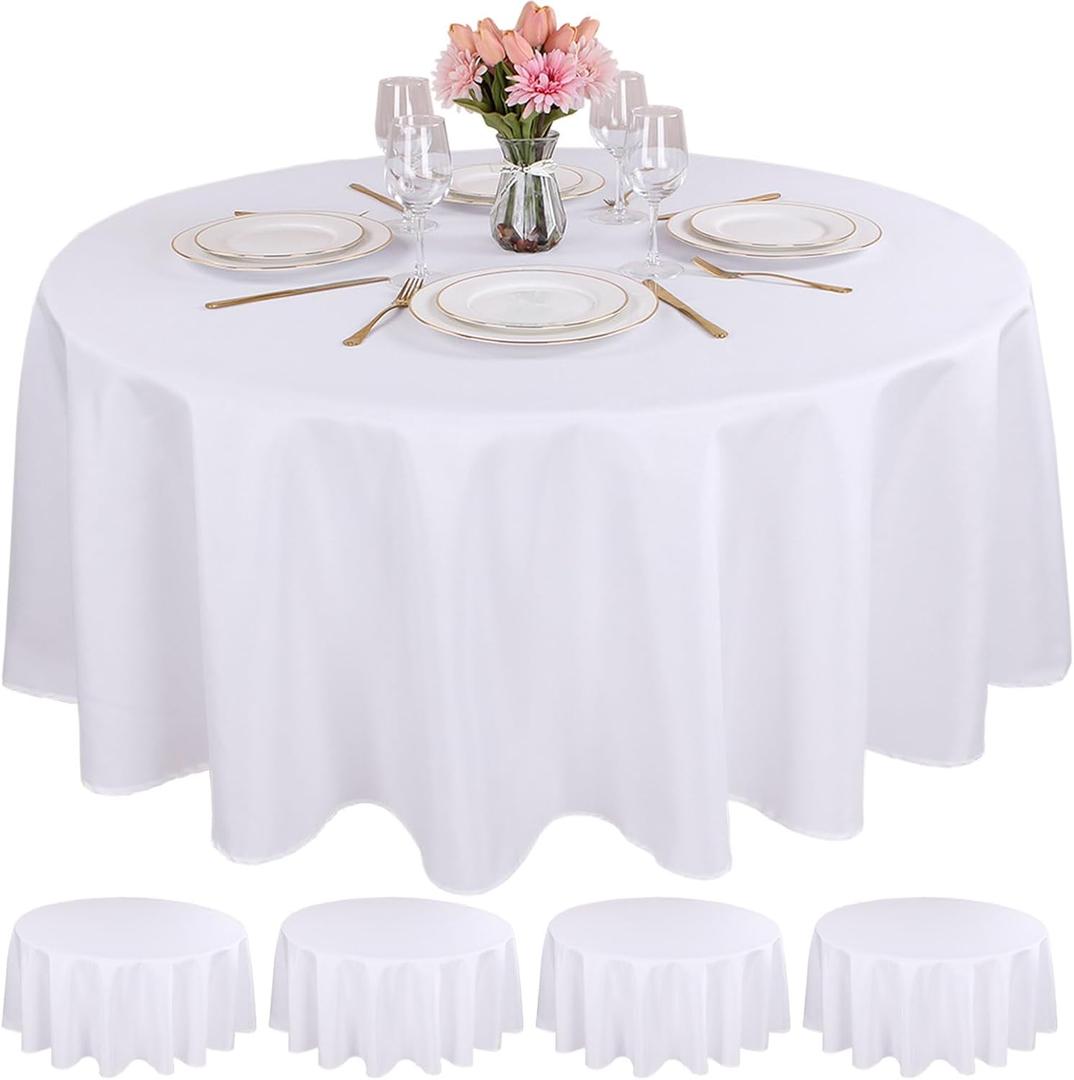Kesfey 4 Packs White Round Table Cloths 90 Inch White Polyester Circle Bulk Linen Tablecloth Wrinkle Resistant Tablecloths Washable High Density Fabric Tablecovers for Wedding Camping Banquet Parties