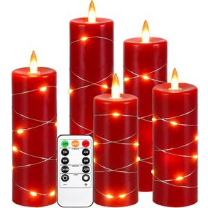 Red Flameless Candle Fairy String Lights, Premium LED Flickering Flame Simulation, LED Candle with Remote & Timed, 5 Cell Battery Powered, Christmas Candle