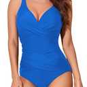 Smismivo Tummy Control Swimsuits for Women Slimming One Piece Bathing Suit Modest Padded Ruched Push Up Long Torso Curvy Shapewear V Neck Criss Cross Swimming Full Coverage for Swimwear (Royal Blue)