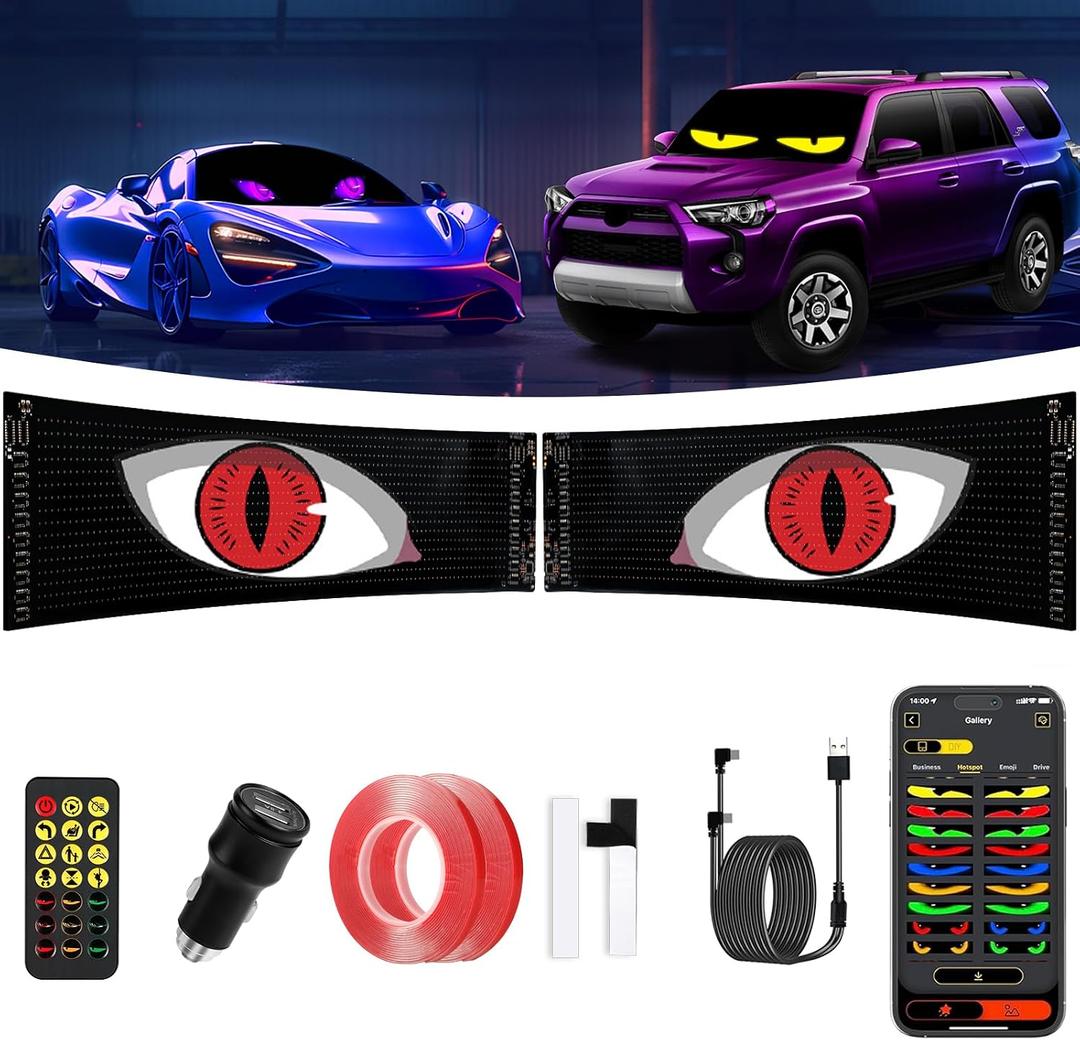 Devil Eyes Light for Cars, 2-Pack LED Eyes for Car Windshield with Perfect Sync, Animated Programmable LED Scrolling Display Sign, 14.7x3.6 in Flexible Panel Screen with APP/Remote Control for SUV