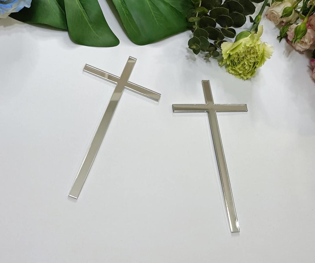 12pcs Slim Acrylic Cross Cake Charm, Christening Baptism Confirmation, Acrylic Cross Cake Decoration (6'', Silver Mirror)