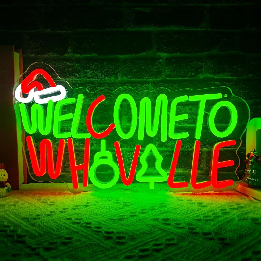 Welcome to Whoville Neon Sign Christmas Neon Light Sign LED for Wall Decoration Dimmable Christmas Led Sign for Indoor Window Bedroom Wedding Bar Party Gift.