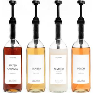 Demi's Home 25.4 oz 750 ml Glass Coffee Syrup Dispenser for Coffee Bar - 4 Pack - Comprehensive Label Set &  oz Pumps Included
