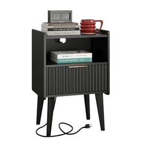 YAUKOMEL Fluted Nightstand with Charging Station, Modern Bedside Table with Drawer,Black Nightstand with Solid Wood Legs, End Table,Side Table for Living Room,Bedroom Black CTG57BKE