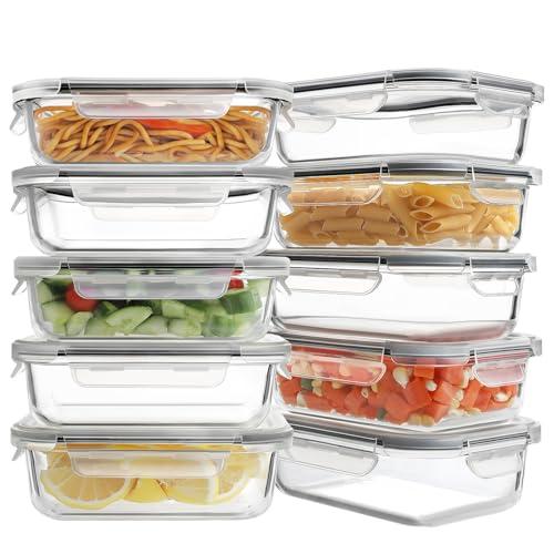 HOMBERKING 10 Pack 22oz Glass Meal Prep Containers, Food Storage Containers with Lids, Airtight Lunch Bento Boxes, BPA-Free & Leak Proof (10 lids & 10 Containers) - Grey