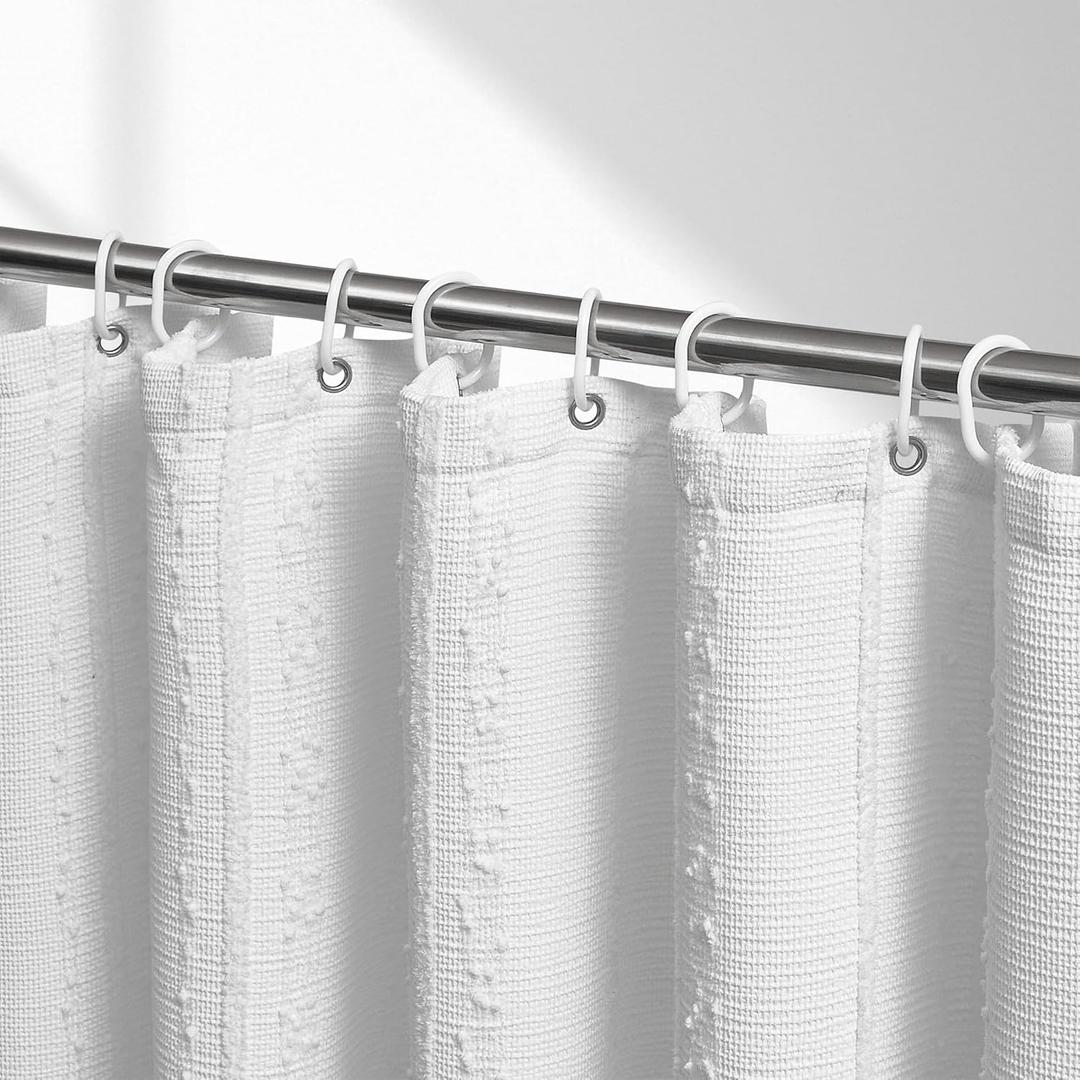 White Shower Curtain Boho, Textured Shower Curtain Cotton Blend Waffle Weave Stripe Fabric Shower Curtains for Bathroom, Hotel, Washable, 72 x 72