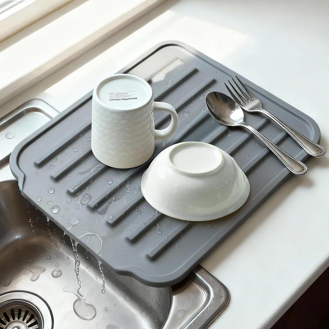 Silicone Dish Drying Mat for Kitchen Counter, Extra Thick 1.1" Auto-Drain Non-Slip Silicone Protector, Fast Drying & Mess-Free, Heat Resistant Trivet, Multi-Use, 15.8" x 13.8"(grey)