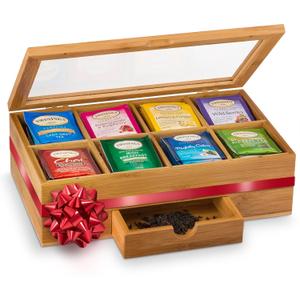 Bambsi Tea Box Organizer with Drawer - 8 Compartment Bamboo Wooden Tea Storage Chest with Acrylic Window & Magnetic Lid - Tea Accessories & Gift Set for Women, Birthdays, House Warming Gifts New Home