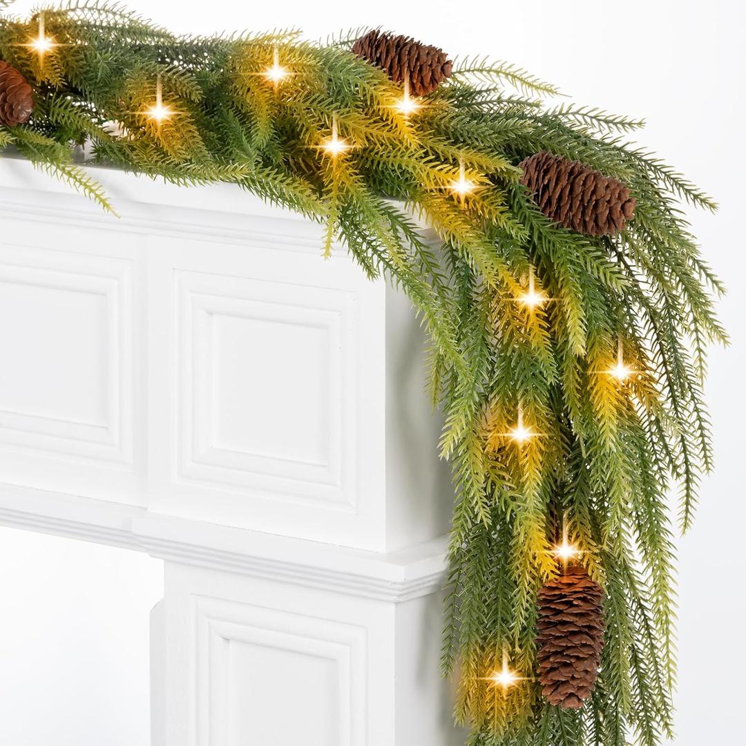 9FT Norfolk Pine Garland with Lights, Lighted Christmas Garland with Timer & 8 Lights Modes- Prelit Battery Operated Pine Garland with Pinecones for Mantle Table Fireplace Door Staircase Decorations