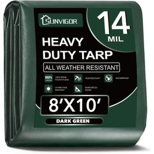 Sunvigor Tarp Waterproof 8x10Ft, Extra Thick 14 Mil Heavy Duty Tarp Cover, Tear & Fade Resistant, Outdoor Tarps with Brass Grommets and Reinforced Edges for Roof, Camping, Patio, Boat (Green)