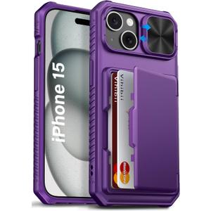 Vihibii for iPhone 15/14/13 Wallet Case, Built-in Card Holder (4 Cards), RFID Blocking & Slide Camera Cover, Military Grade Drop Protection, Rugged Hard Phone Case, Dark Purple