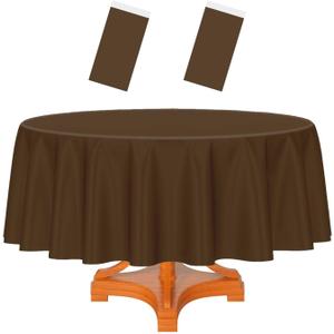 HEIPINIUYE 2 Pack Brown Round Tablecloth 84 Inch Round Plastic Table Cloth Waterproof Disposable Round Table Cover for Party Birthday Camping Picnic Baby Shower Circle Tablecloth