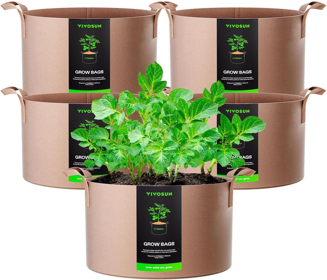VIVOSUN 5-Pack 15 Gallons Grow Bags Heavy Duty Thickened Nonwoven Fabric Pots with Strap Handles Tan