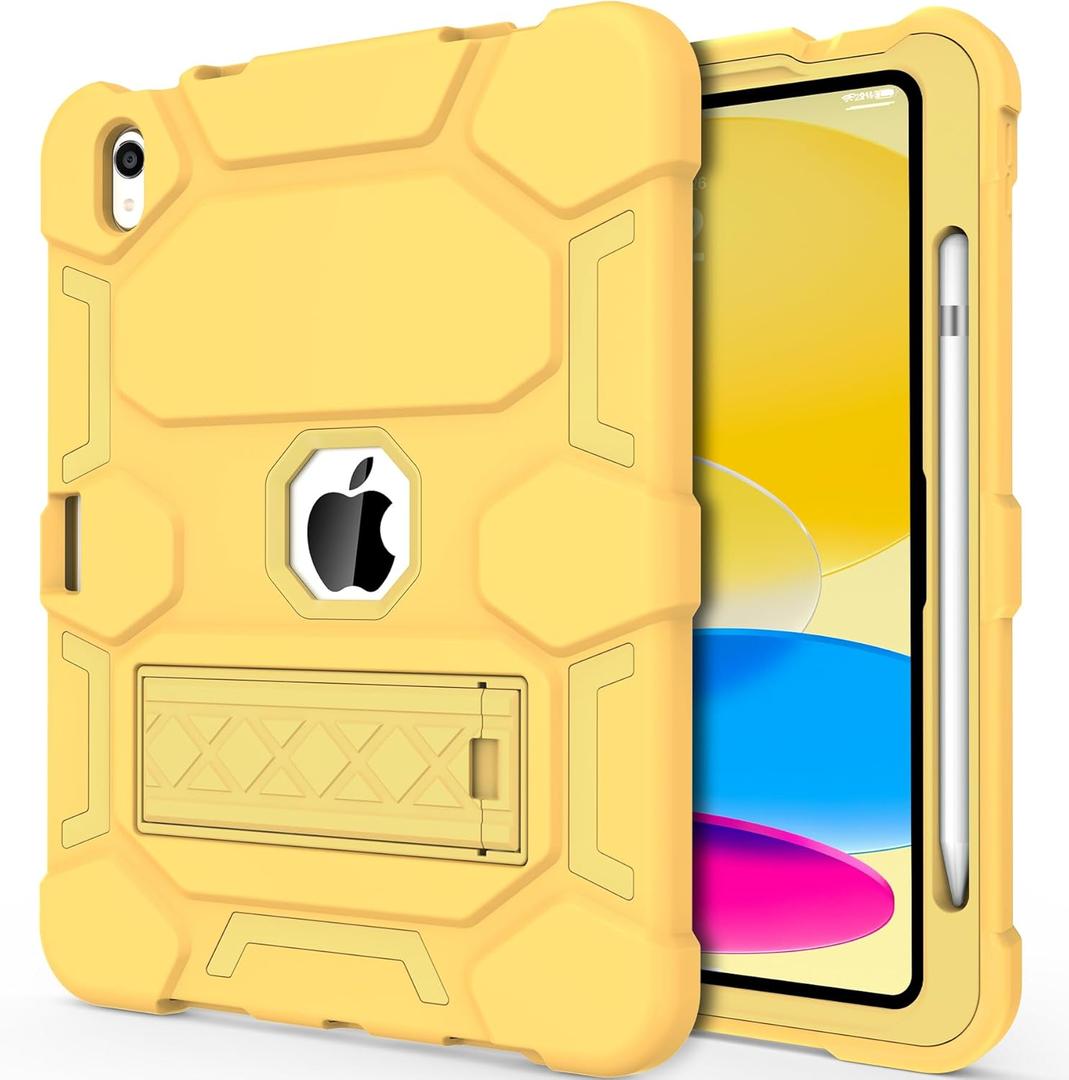 CCMAO Case for iPad 10th Generation 10.9 Inch 2022, iPad (A16) 11th Generation 11 Inch 2025, with Kickstand & Pencil Holder, Heavy Duty Shockproof Hybrid Protective Cover for Kids,Yellow