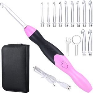 11 Sizes Lighted Crochet Hooks Set Rechargeable Crochet Hook Light Up Hooks with Case, Interchangeable Heads 2.5 mm to 8 mm for DIY Craft Supplies(Pink-Black)