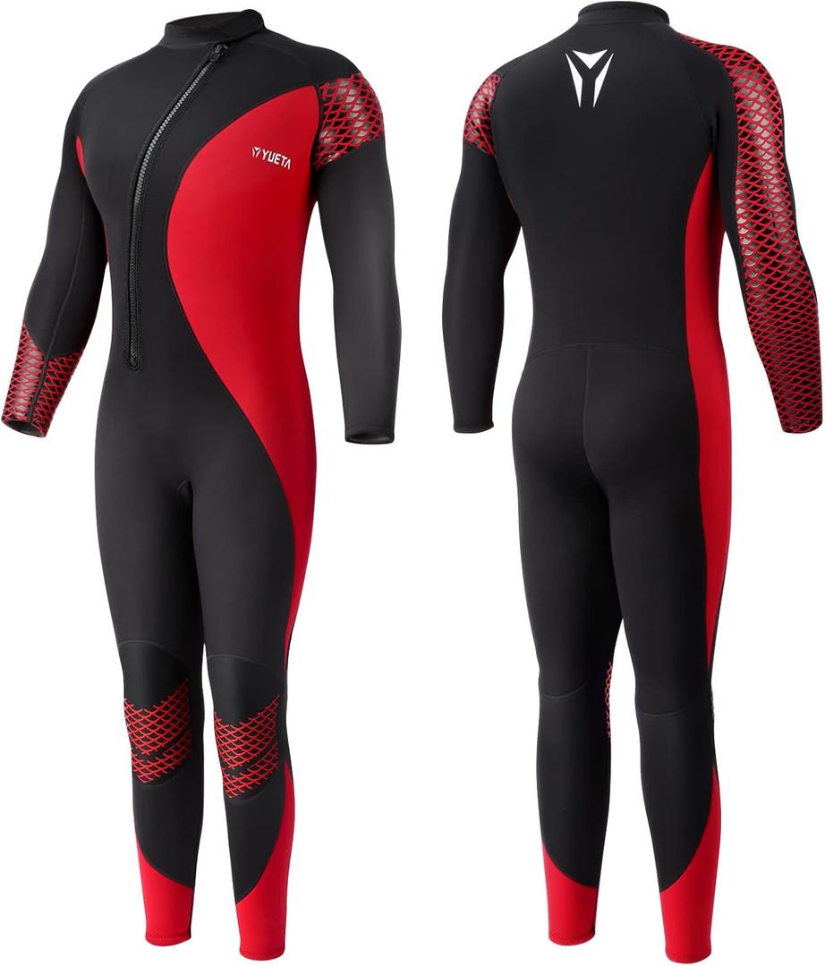 Yueta Mens Wetsuit 3mm Neoprene Full Body Diving Suit Front Zip Long Sleeve Keep Warm for Swimming Surfing Snorkeling Kayaking in Cold Water (Men's Red, XXL)