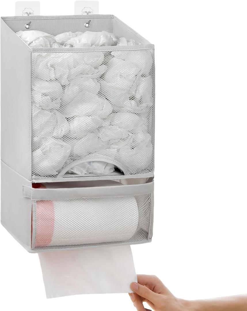 Vorshape Bag Saver - Extra Large 2 in 1 Plastic Bag Holder Storage, Durable Mesh Grocery Hanging Trash Dispenser Roll Organizer for Home Kitchen/Bathroom/Laundry, Multi-purpose for Daily (Light Grey)