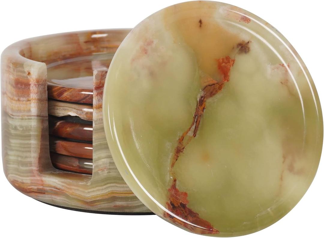 Radicaln Green Onyx Marble Coasters Set of 6 Handmade 3.5" Inch Round Coasters for Drinks, Coaster Set with Holder for Dining Tables