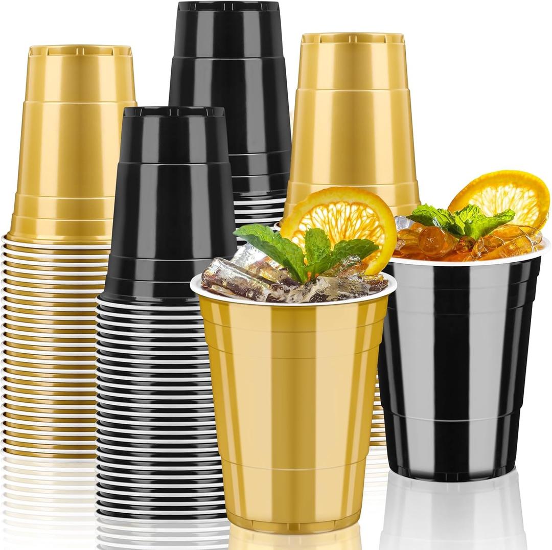 50 Pack 16oz Plastic Party Cups - Black and Gold Disposable Plastic Cups Graduation Cup for Halloween Party Decoration, Weddings, Birthdays, Holiday Gatherings