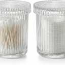 rejomiik Glass Qtip Holder Dispenser 2 Pack, Bathroom Canister Apothecary Jars with Lids, Vanity Makeup Accessories Storage Organizer for Cotton Swabs, Cotton Balls, Pads, Floss Picks, Clear