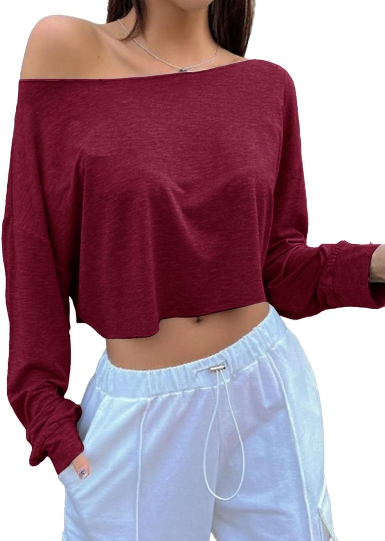 SOFIA'S CHOICE Women's Sexy Off Shoulder Long Sleeve Crop Tops Boat Neck Loose Asymmetrical Tops Burgundy Red Medium