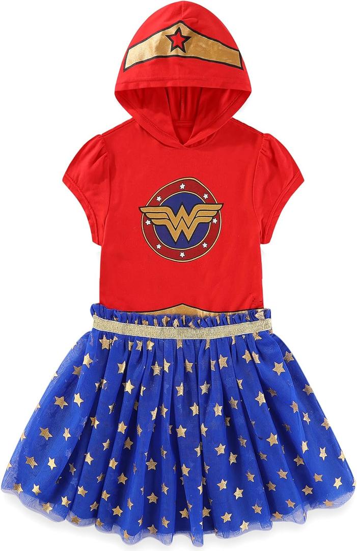 WARNER BROS Wonder Woman Girls Cosplay Hooded Tulle Dress for Toddler and Big Kids (2T, Red/Blue)