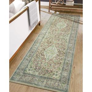 Washable Runner Rug, Sage Green 2x6 Rugs Non Slip, Indoor Low Pile Carpet with Rubber Backing for Hallway Kitchen Bathroom Entryway Bedroom (Green/Light Brown)
