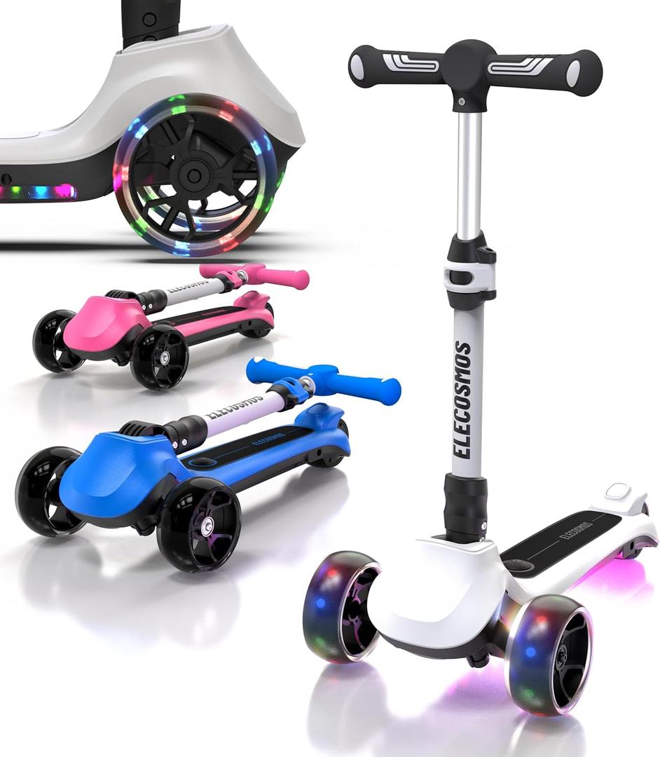 ELECOSMOS Kids Electric Scooter for Age 4-9, Light Up 3-Wheeled Scooter with Big LED Wheels, Wide Flashing Deck, Adjustable Height (White)