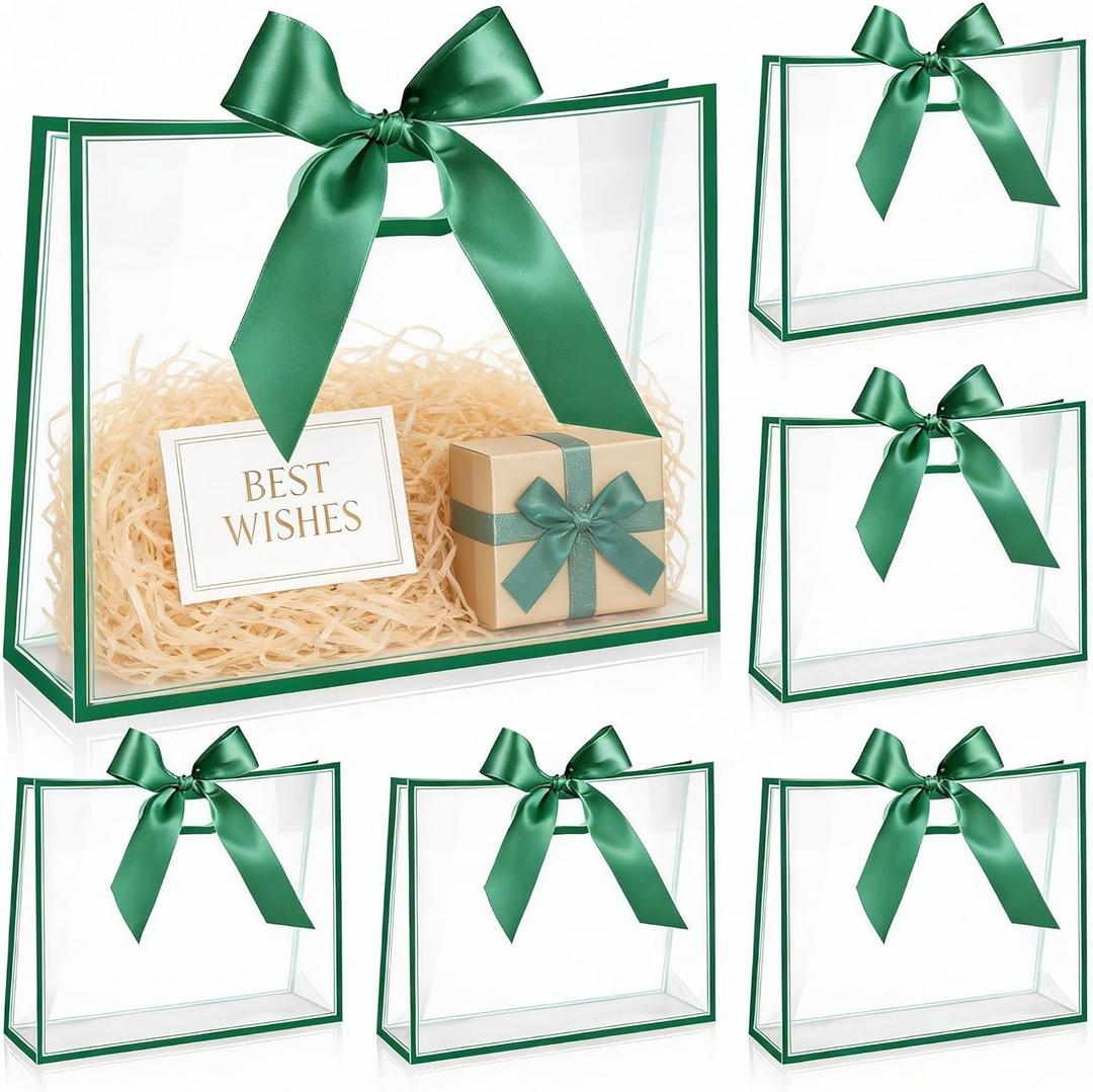 Aliceset 12 Pcs Clear Plastic Gift Bags with Die Cut Handles Reusable Party Favor Bags with Ribbon for Mother's Day Wedding Graduation Bridal Shower Baby Shower, 12 x 10 x 5''(Green)