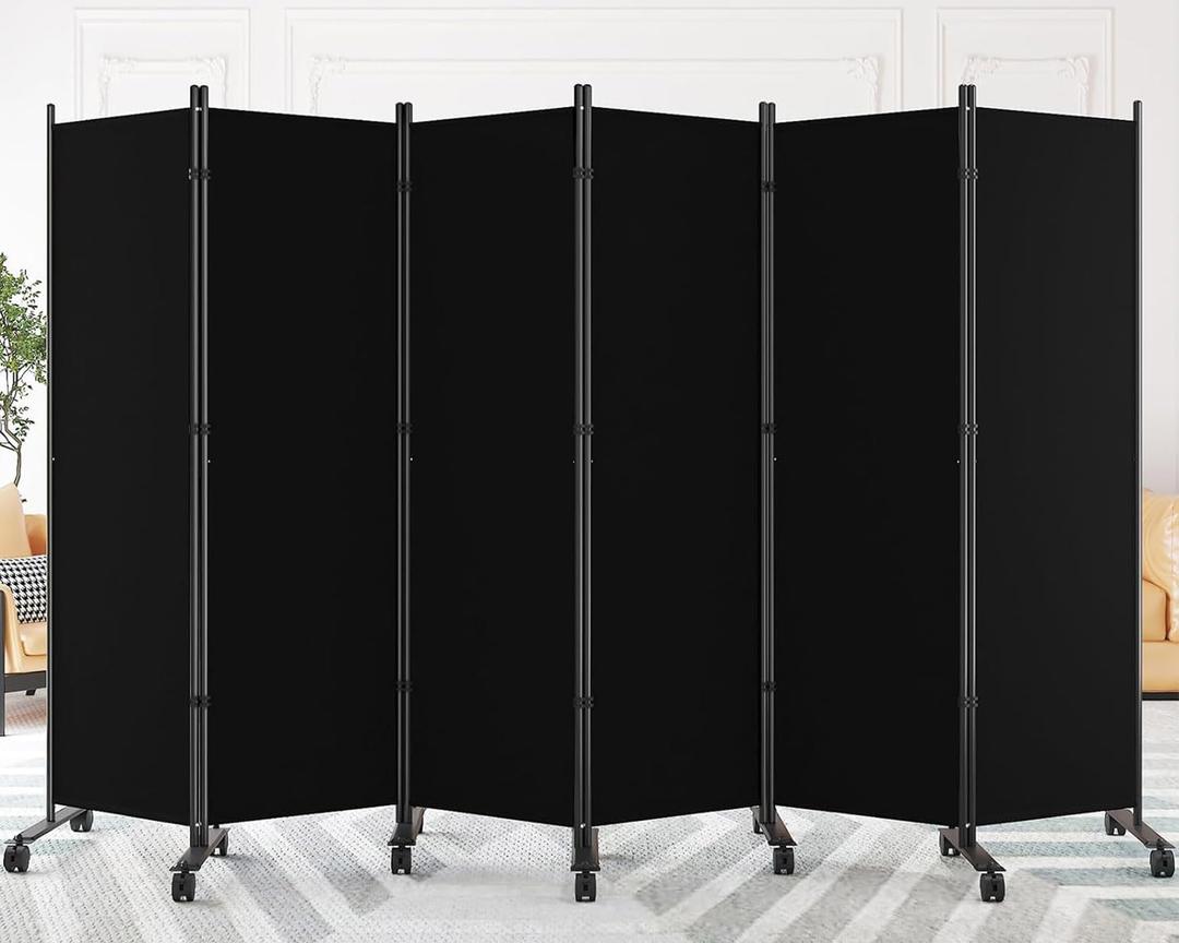 SUNALLY Room Divider 6FT Folding Privacy Screens with Lockable Wheels, 6 Panel Room Partition for Room Separator, 132" W Freestanding Portable Fabric Wall Dividers for Home Dorm Studio Office, Black