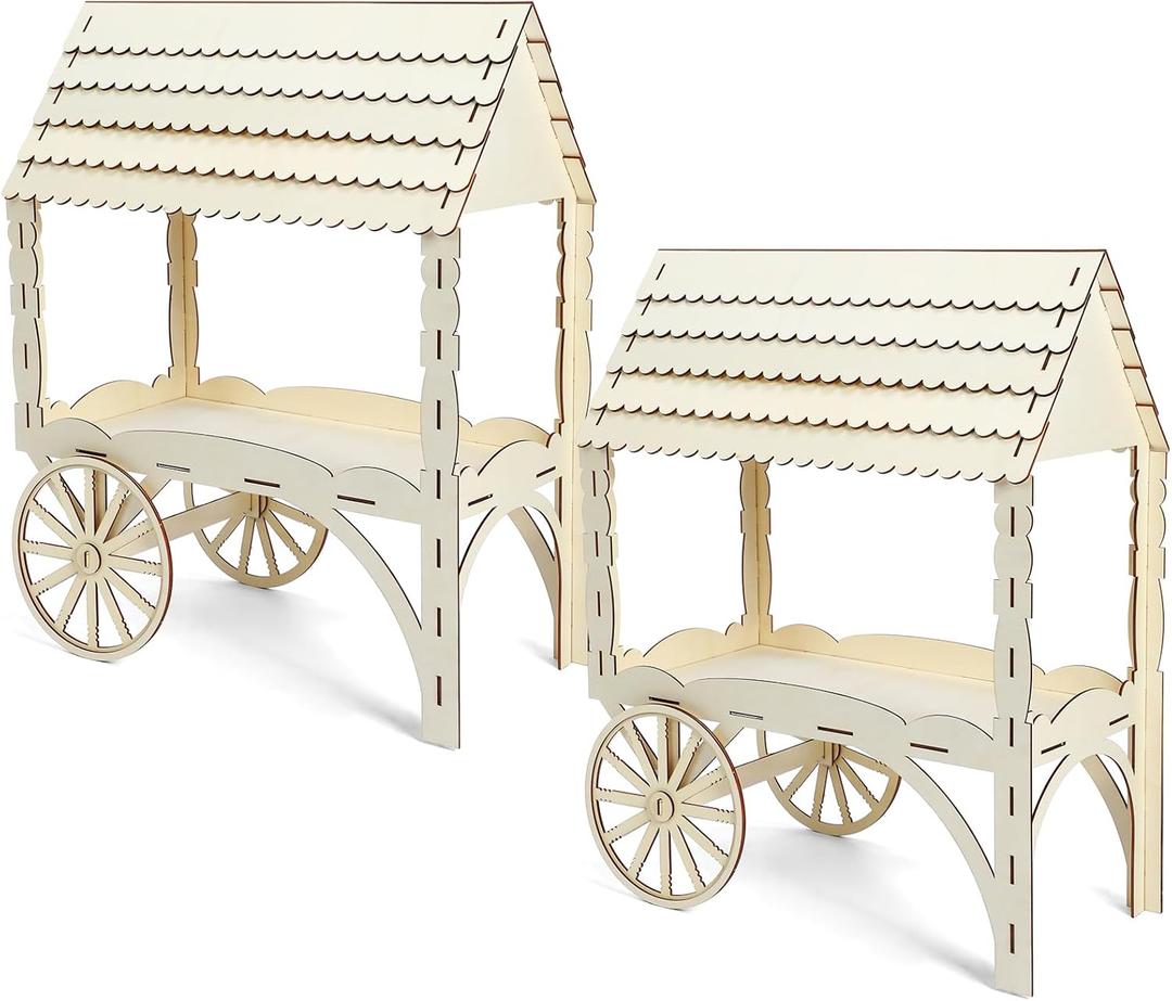 Wonderjune 2 Pcs Wooden Candy Cart with Wheels for Party Mini Wooden Tabletop Dessert Display Stand for Weddings Birthdays Baby Showers Party Decoration,25" x 20.5" x 9.75"