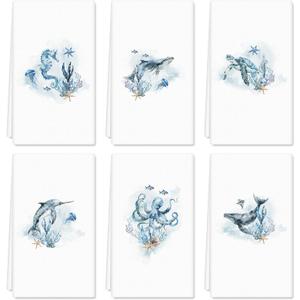 6Pcs Sea Kitchen Dish Towels Summer Sea Themed Dish Beach Cloth Tea Towel Watercolor Ocean Animal Plant Dishcloth 16 x 24 Inch Hand Drying Towel for Housewarming Gift Cooking Baking Cleaning