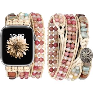 JR.DM Boho Beaded Watch Band Women Compatible with Apple Watch 38mm 40mm 41mm 42mm Pink Bracelets Khaki Natural Stone Adjustable Handmade Braided Watch Strap for iWatch Series 10/9/8/7/6/5/4/3/2/1/SE